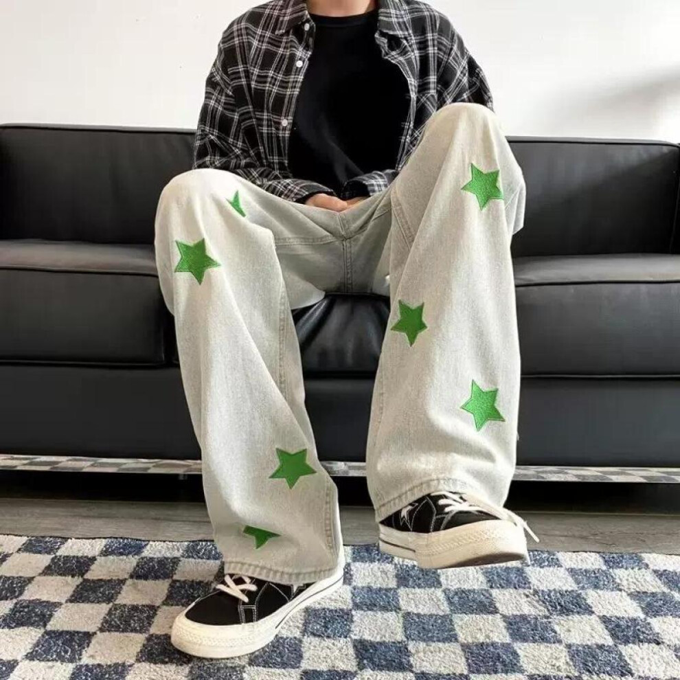 (light blue, M) Vintage Men&apos;s Y2K Clothes Star Embroidery Baggy Jeans Loose Waist Straight Trousers Streetwear Techwear Jogging Wide Leg Pants Men