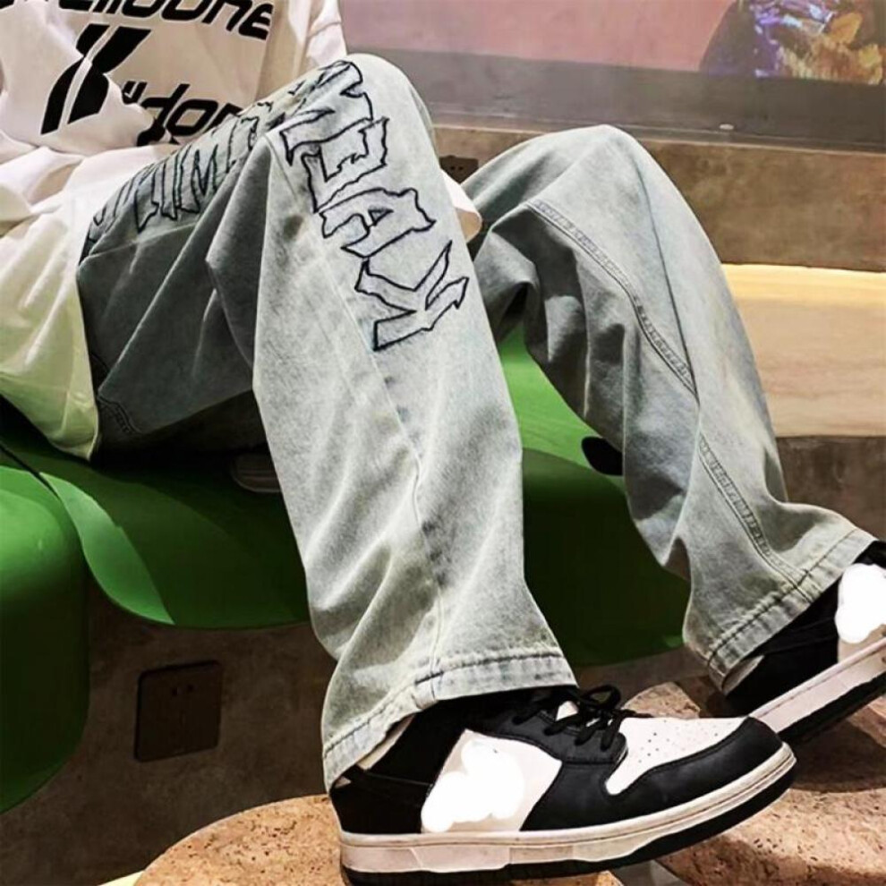 (blue, L) Hip Hop Male Black Printed Y2k Baggy Jeans Man Retro Vintage Denim Pants Straight Trousers High Waist Wide Leg Pants For Men
