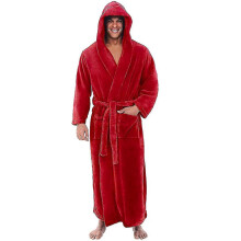 (5XL, Red) Bathrobes For Men,resort Hotel Home Spa Terry Robe Fleece Robe Plush Long Hooded Bathrobe