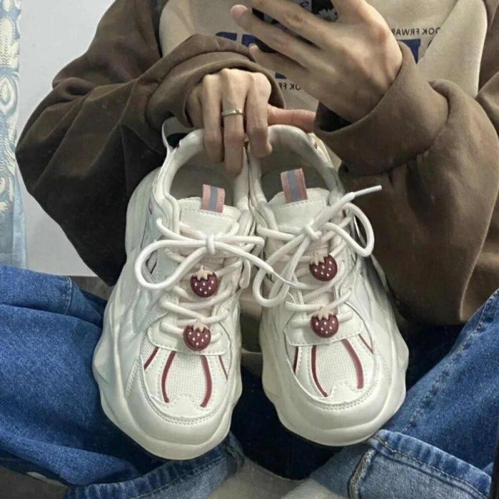 (white, 37) Kawaii Strawberry Vulcanized Shoes For Women New Flats Korean Fashion Thick Sole Sneakers Women Shoes Tennis Sneakers