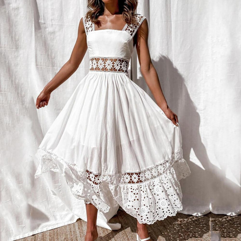 (white, XXL) European And American Fashion Lace Sleeveless Splicing Long Skirt Dress
