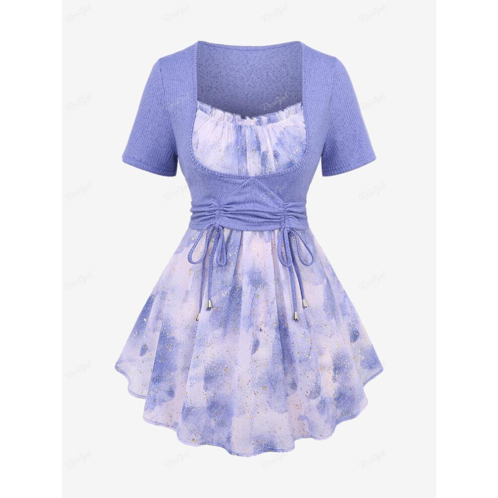 (purple, 3XL) Rosegal Plus Size Tie Dye Colorblock Ruffles Ruched Hot Stamping Glitter Cami Top And Cinched Textured Ribbed T-shirt