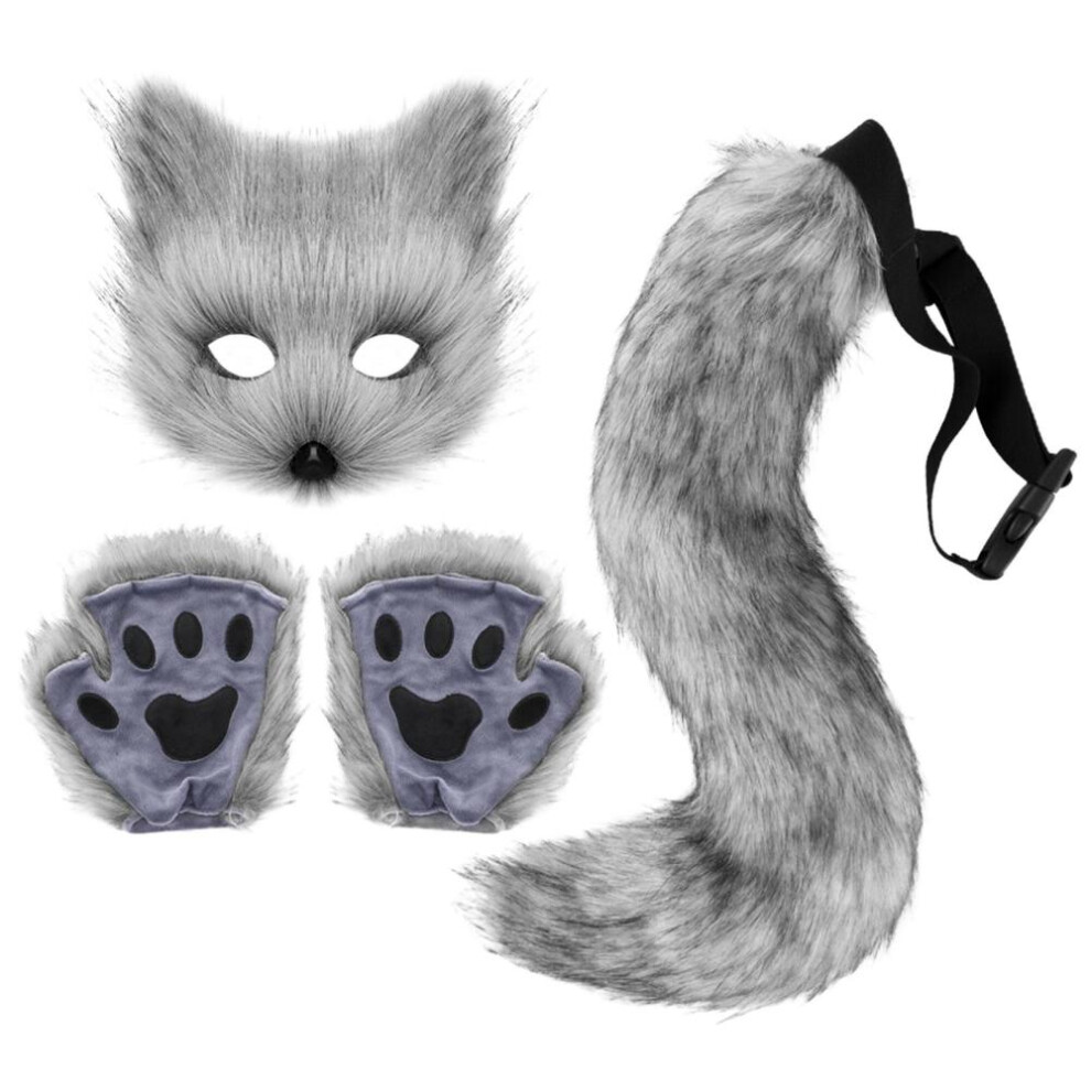 (silver) Furry Fox Mask Wolf Fox Tail And Paw Gloves Set Adult Cat Halloween Mask Cosplay Animal Party Costume