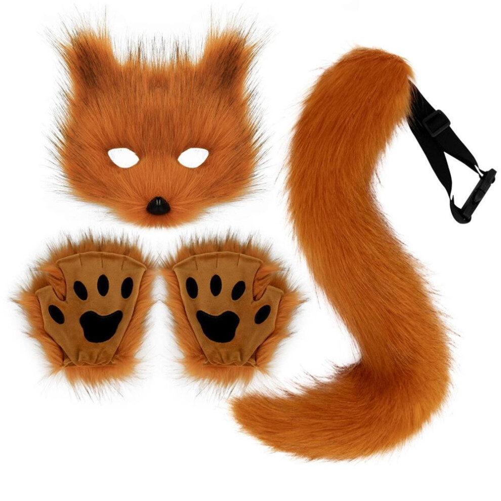 (champagne) Furry Fox Mask Wolf Fox Tail And Paw Gloves Set Adult Cat Halloween Mask Cosplay Animal Party Costume