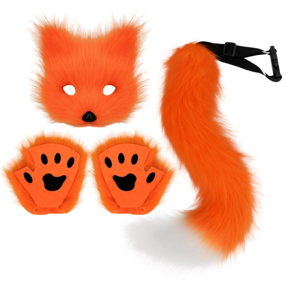 (yellow) Furry Fox Mask Wolf Fox Tail And Paw Gloves Set Adult Cat Halloween Mask Cosplay Animal Party Costume