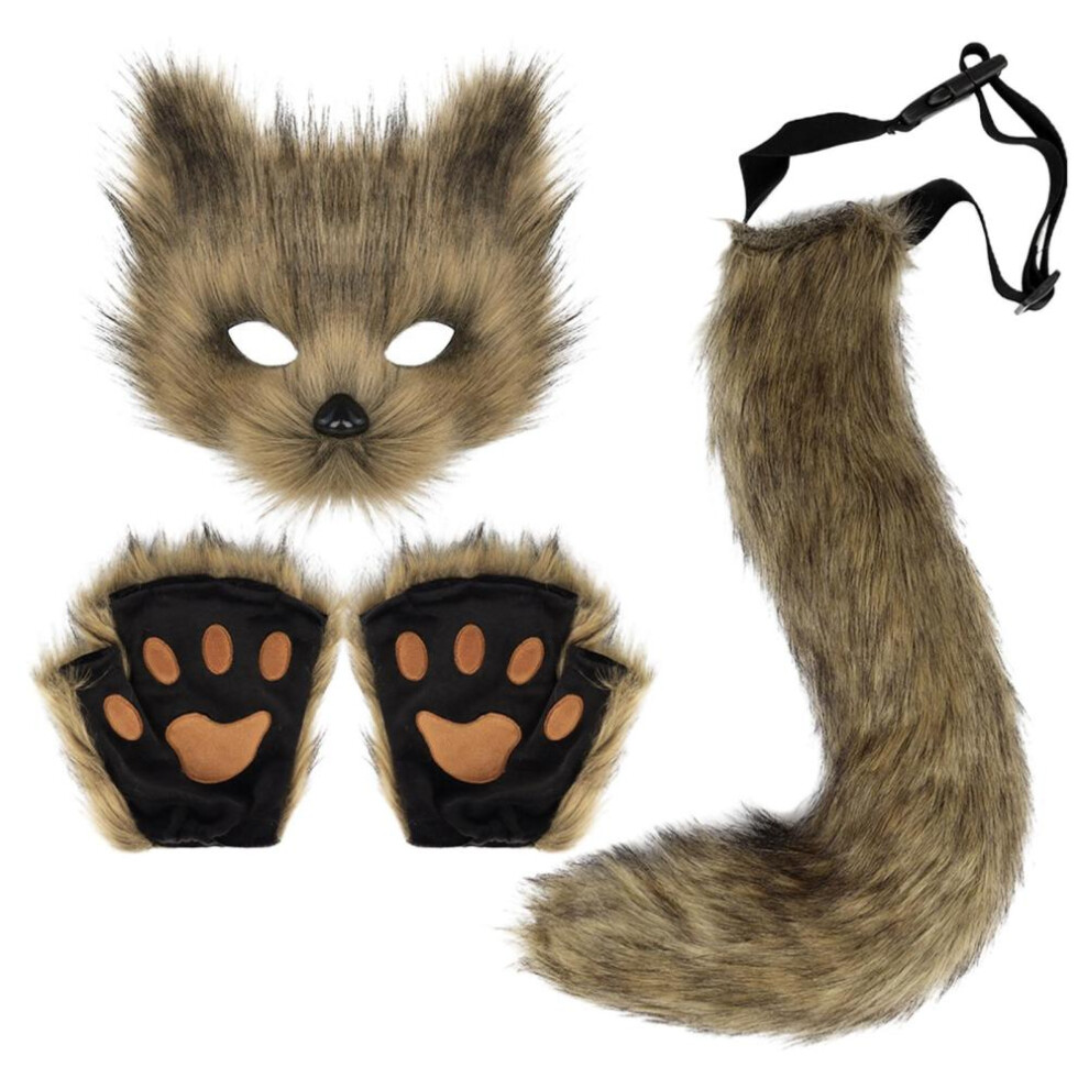 (brown) Furry Fox Mask Wolf Fox Tail And Paw Gloves Set Adult Cat Halloween Mask Cosplay Animal Party Costume