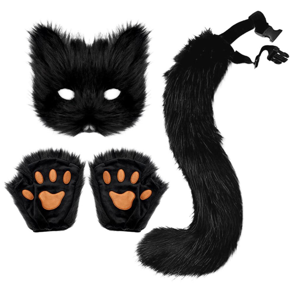 (black) Furry Fox Mask Wolf Fox Tail And Paw Gloves Set Adult Cat Halloween Mask Cosplay Animal Party Costume