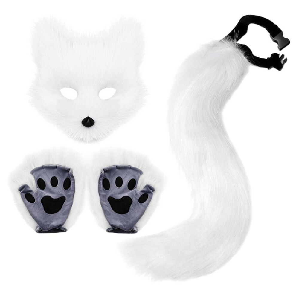 (white) Furry Fox Mask Wolf Fox Tail And Paw Gloves Set Adult Cat Halloween Mask Cosplay Animal Party Costume