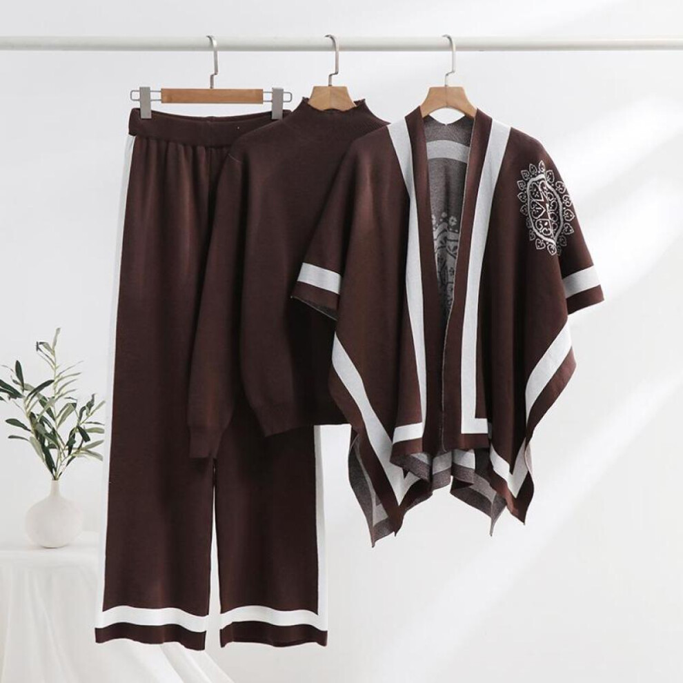 (brown, One Size) Elegant Floral Stamp Knitted Three-piece Suit Autumn Winter Knit Top And Wide Leg Pants Set Casual 3 Piece Shawls Set For Women