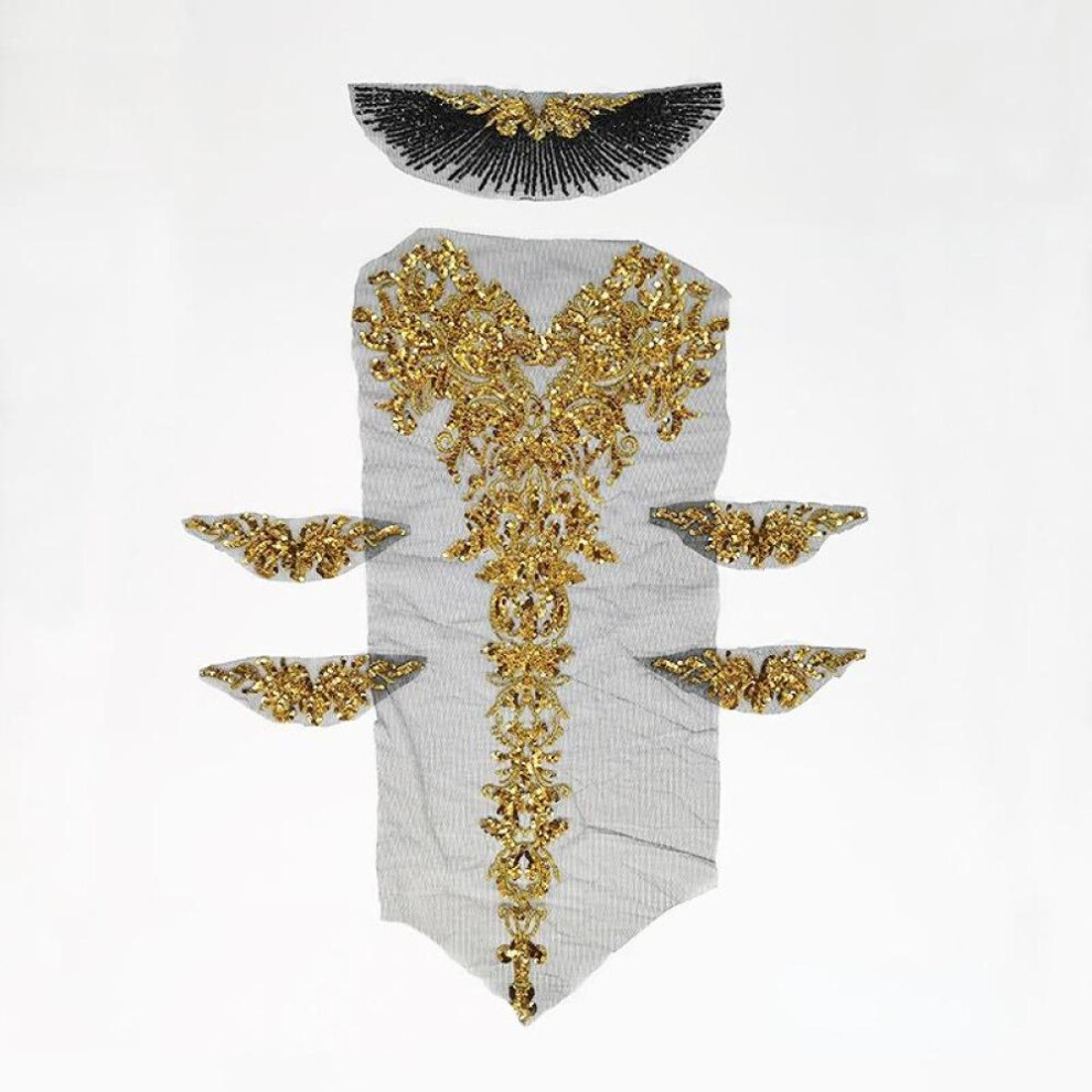 (black) 1 Set Black Tulle Gold Sequin Embroidery Lace Fabric Tassel Royal Noble Wedding Gown Applique Patch Collar Dress Diy