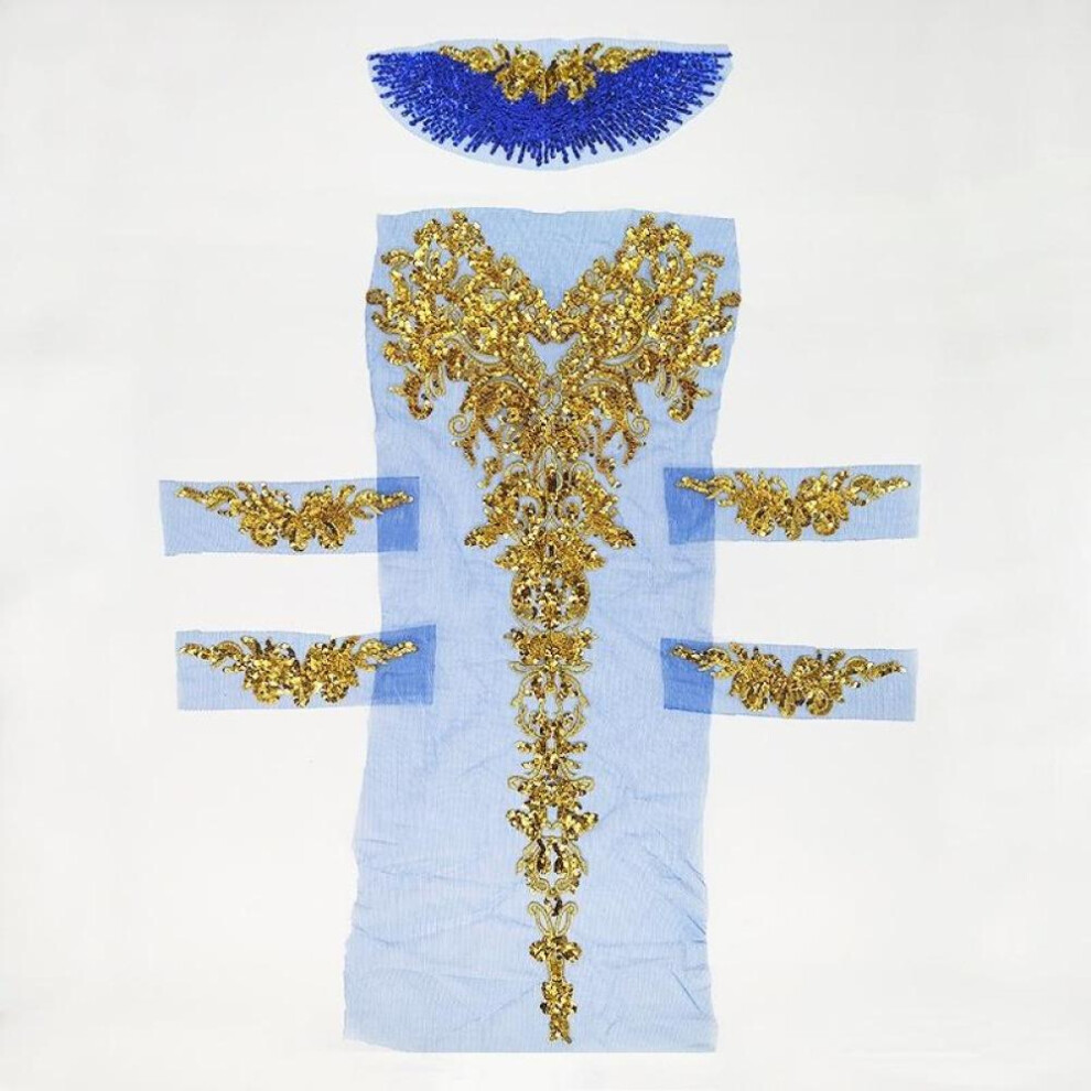(blue) 1 Set Black Tulle Gold Sequin Embroidery Lace Fabric Tassel Royal Noble Wedding Gown Applique Patch Collar Dress Diy