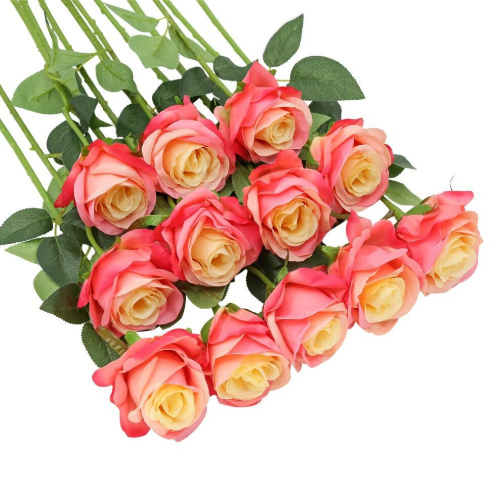 (pink,champagne) 12 Pcs Artificial Silk Rose Flower Fake Flowers For Wedding Bouquet Party Home Decorations
