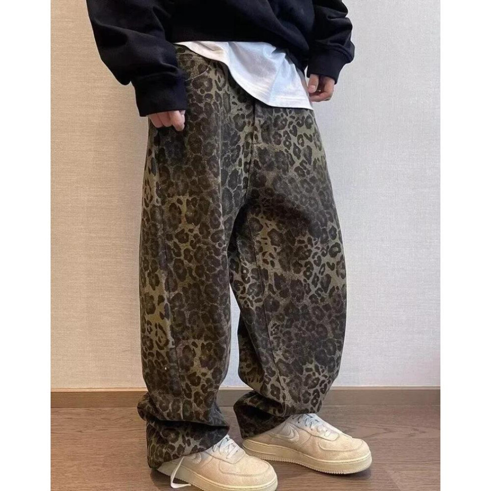 (as the picture, XL) Unisex Tan Leopard Jeans Men Denim Pants Oversize Wide Leg Trousers Streetwear Hip Hop Vintage Loose Casual Animal Print