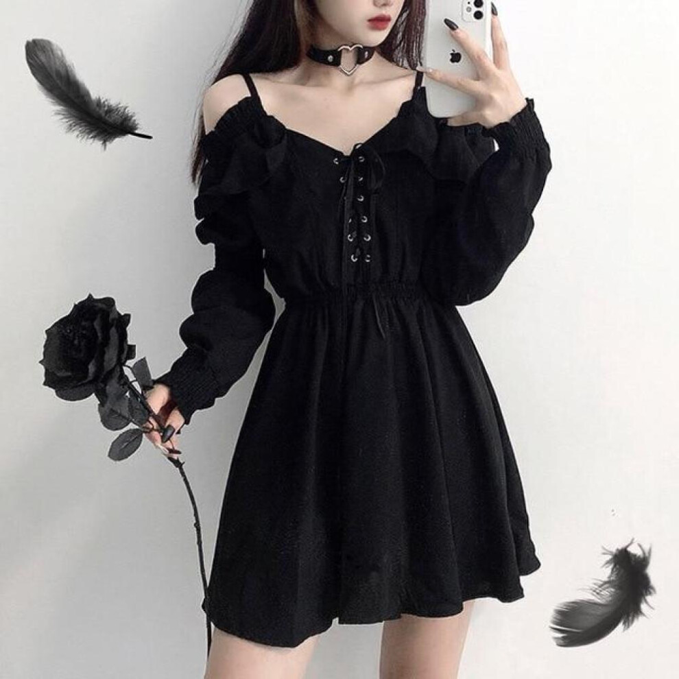 (black, XXL) Women Dress Plus Size Lace Up Black Spring Autumn Sexy High Waist Femme Dresses Off Shoulder Long Sleeve Gothic Clothes