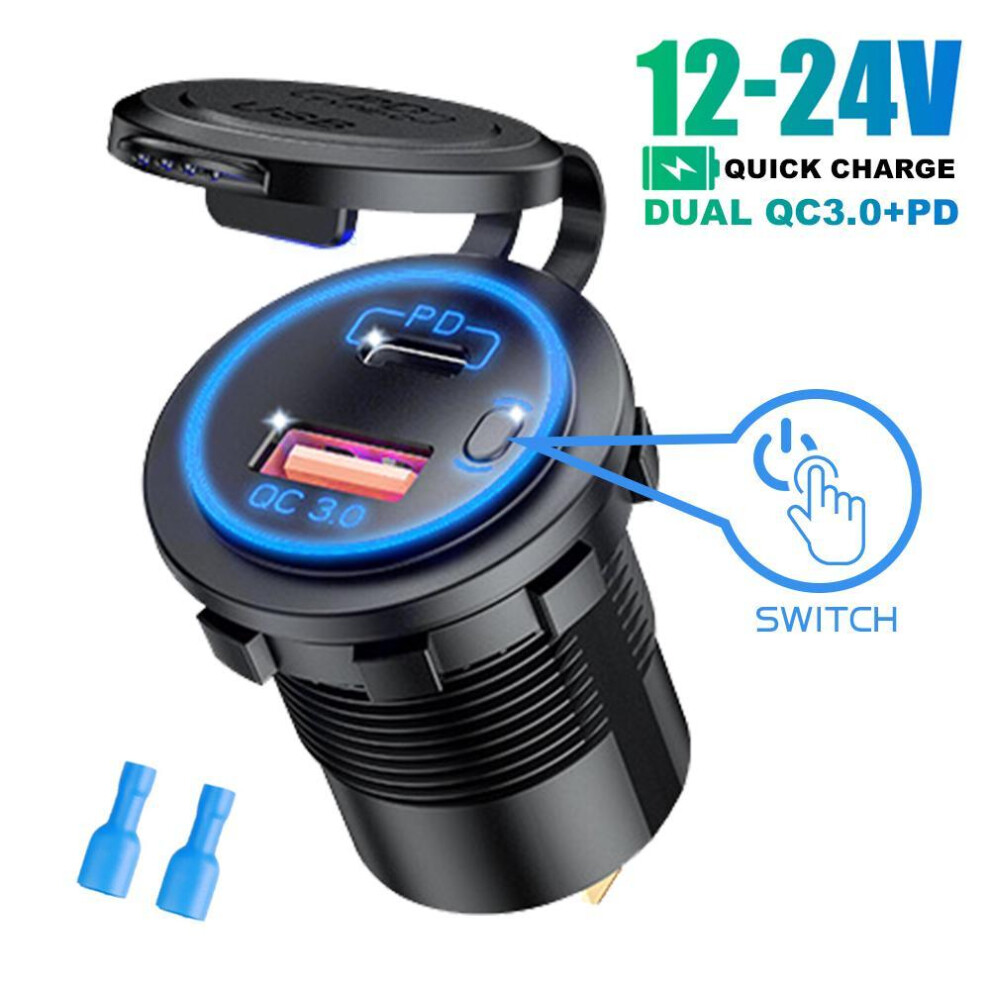 (blue, Without Wire) Usb Type C Dual Port Car Motorcycle Boat Charger Socket Qc 3.0 Pd Fast Charge Auto Power Adapter With On/off Switch 12-24v Universal Blue Light