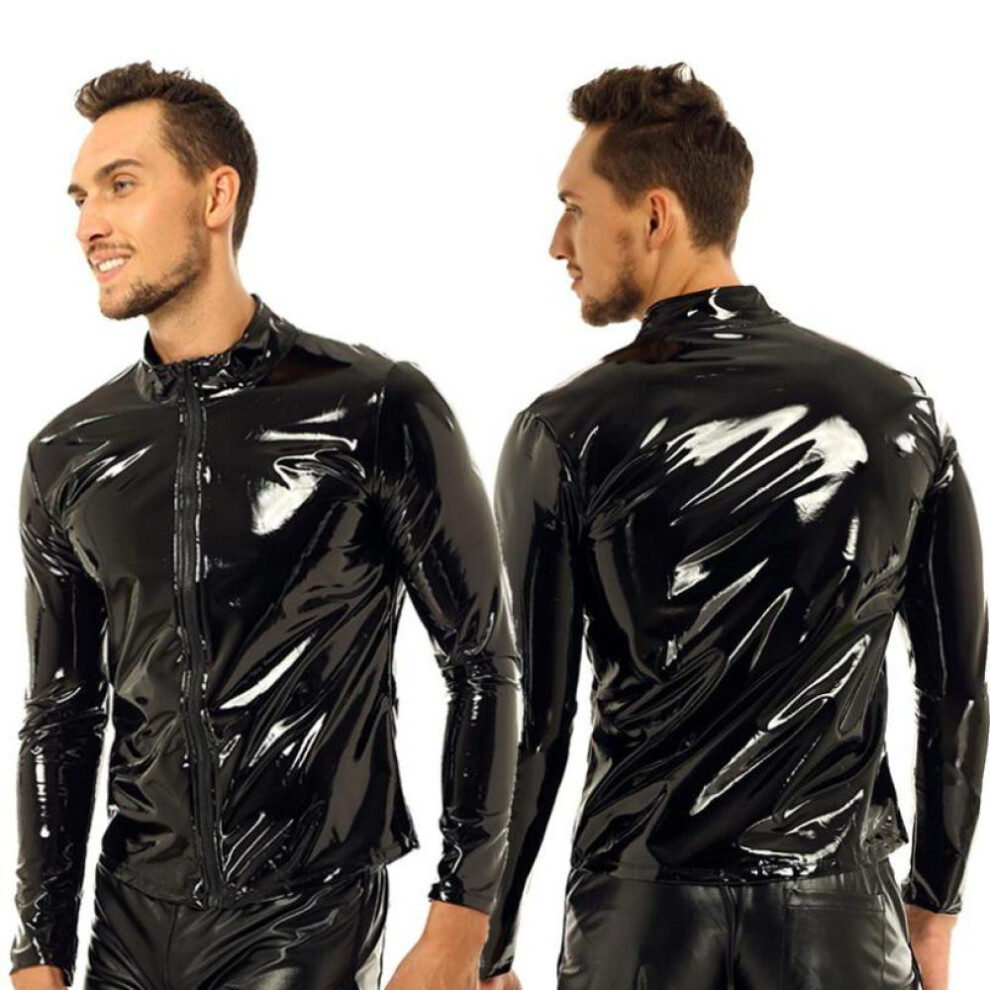 (black, M) Men Jacket Coat Long Sleeve Front-Zip Stand Collar Tops Wet Look Patent Leather Nightclub Style T-shirt Top