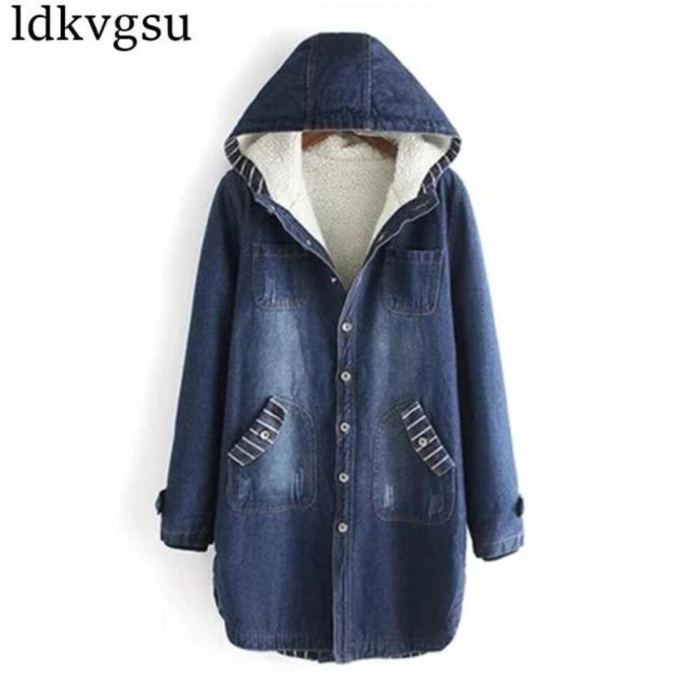 (blue, L) Winter Denim Jacket Women Warm Hooded Jeans Coat