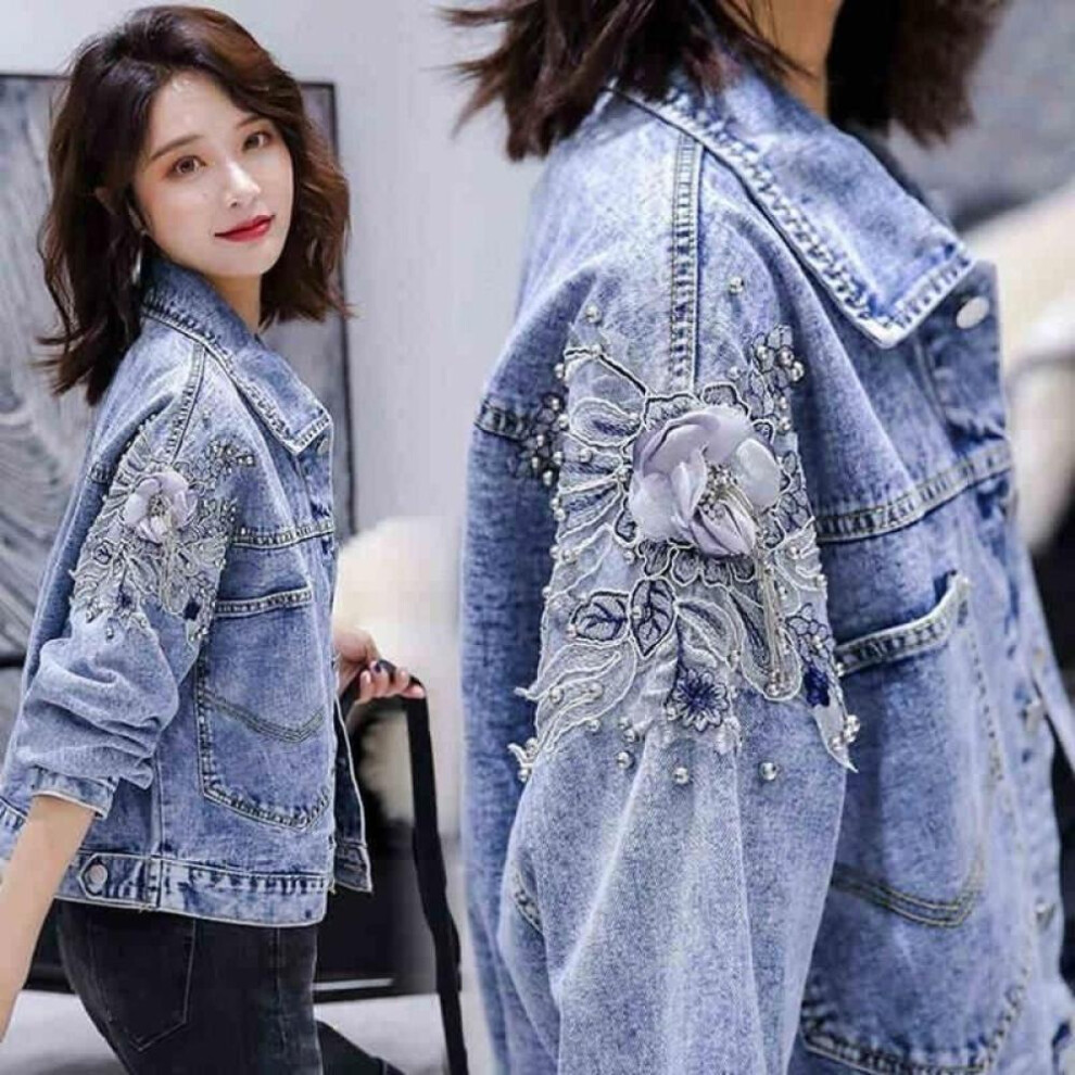 (light blue, L) Women&apos;s Denim 2021 Spring And Autumn Loose Nail Bead Denim Casual Coat Fashion Embroidery Hole Denim Jacket Top