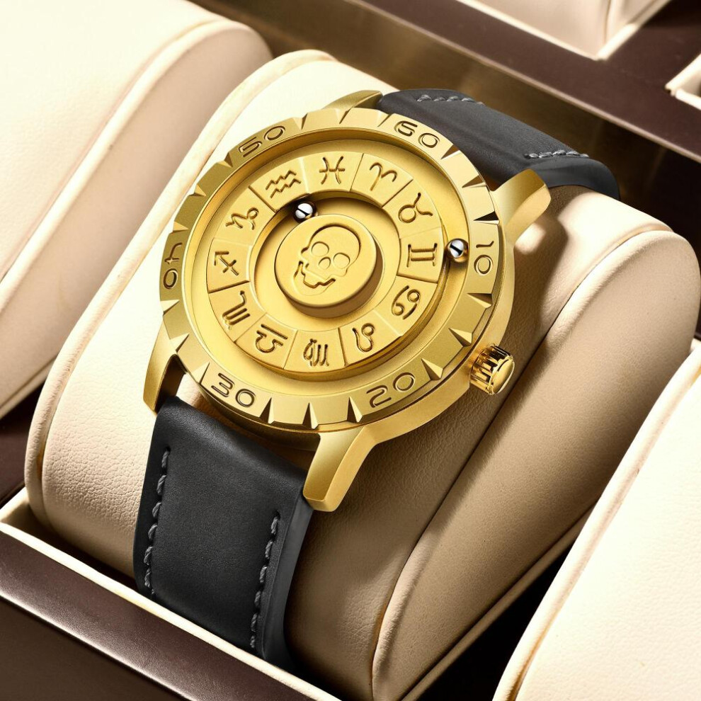 (gold, Leather strap) Lige Brand Foxbox New Personalized Original Men Quartz Watch Skull Dial Magnetic Ball Design Waterproof Quartz Watch Men&apos;s Gift