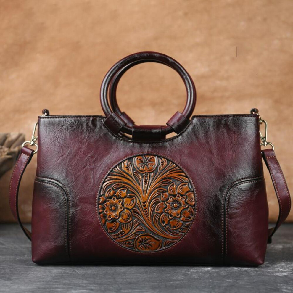 (dark red) Johnature High Quality Leather Women Bag Retro Handmade Embossed Shoulder Bags Large Capacity Female Messenger Bag