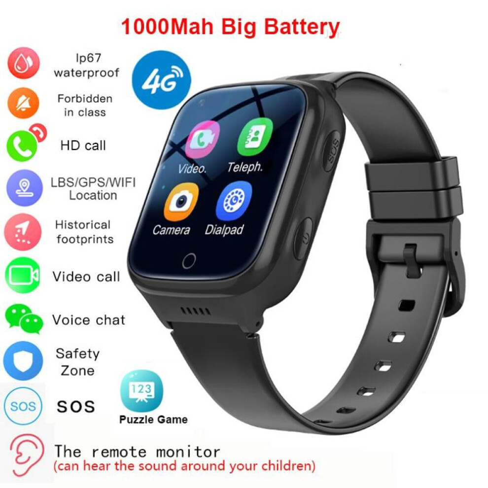 (black, Asia version) 4g Kids Smart Watch Wifi Gps Lbs Tracker Sos Video Call Children Smartwatches 1000 Mah Ip67 Waterproof Phone Watch For Boys Girls