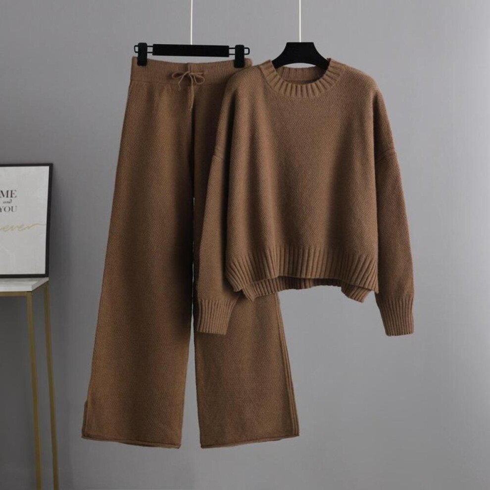 (coffee, OneSize) Autumn Winter Causal Knitted Pullover Suit Pants Women Loose Sweater Wide Leg Pants Two Piece Set
