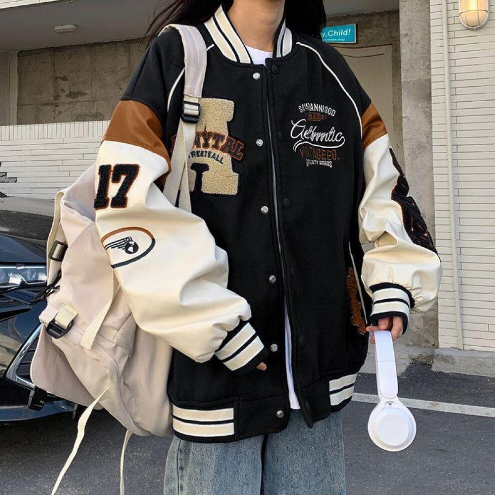 (black, M) Vintage Bomber Jacket Women Harajuku Varsity Baseball Jackets Korean Fashion College Uniform Oversized Streetwear Y2k