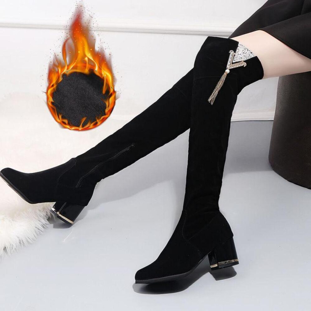 (as the picture, 39) Women&apos;s Boots Autumn Winter Over The Knee Boots Crystal Tassel Comfort Cotton Flat Flock Boots