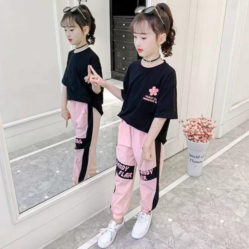 (pink, 120) Girls Clothes Child Sports Suit Teen Tracksuit Loose Flower T Shirt Tops + Ankle-tied Pants Striped 10 11 12 14 15 Years