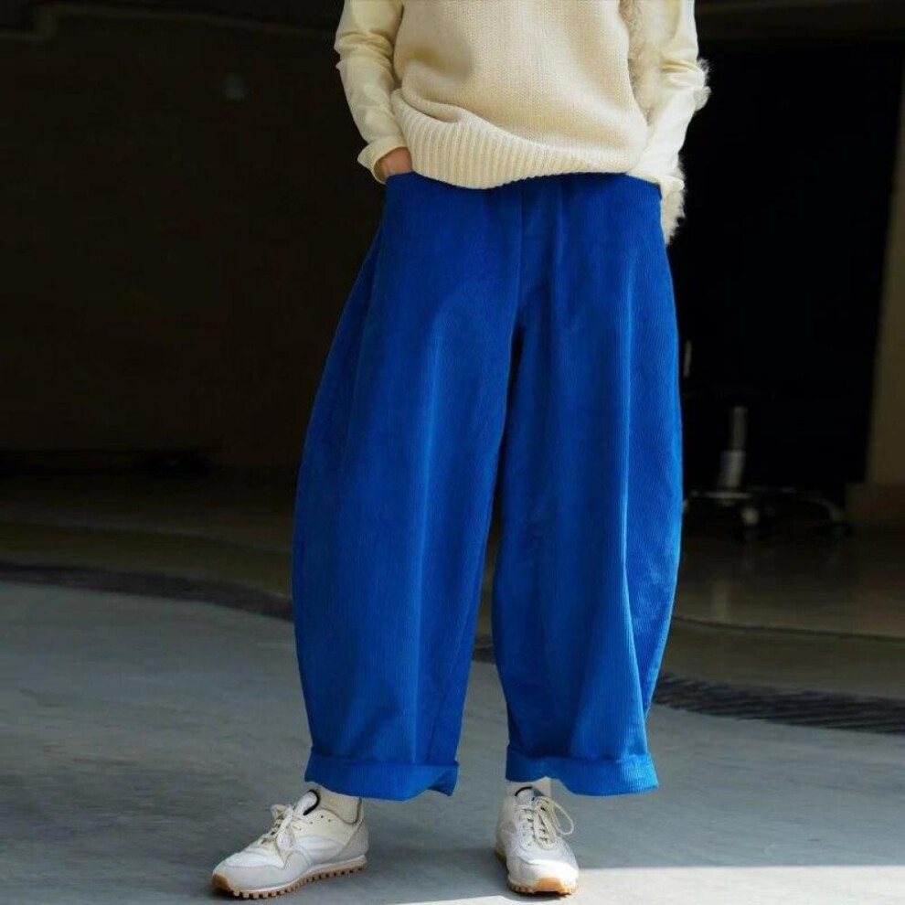 (dark blue, M) Johnature Winter Japanese Casual Corduroy Elastic Waist Ankle-length Pants Solid Color Loose Pockets Harem Women Pants