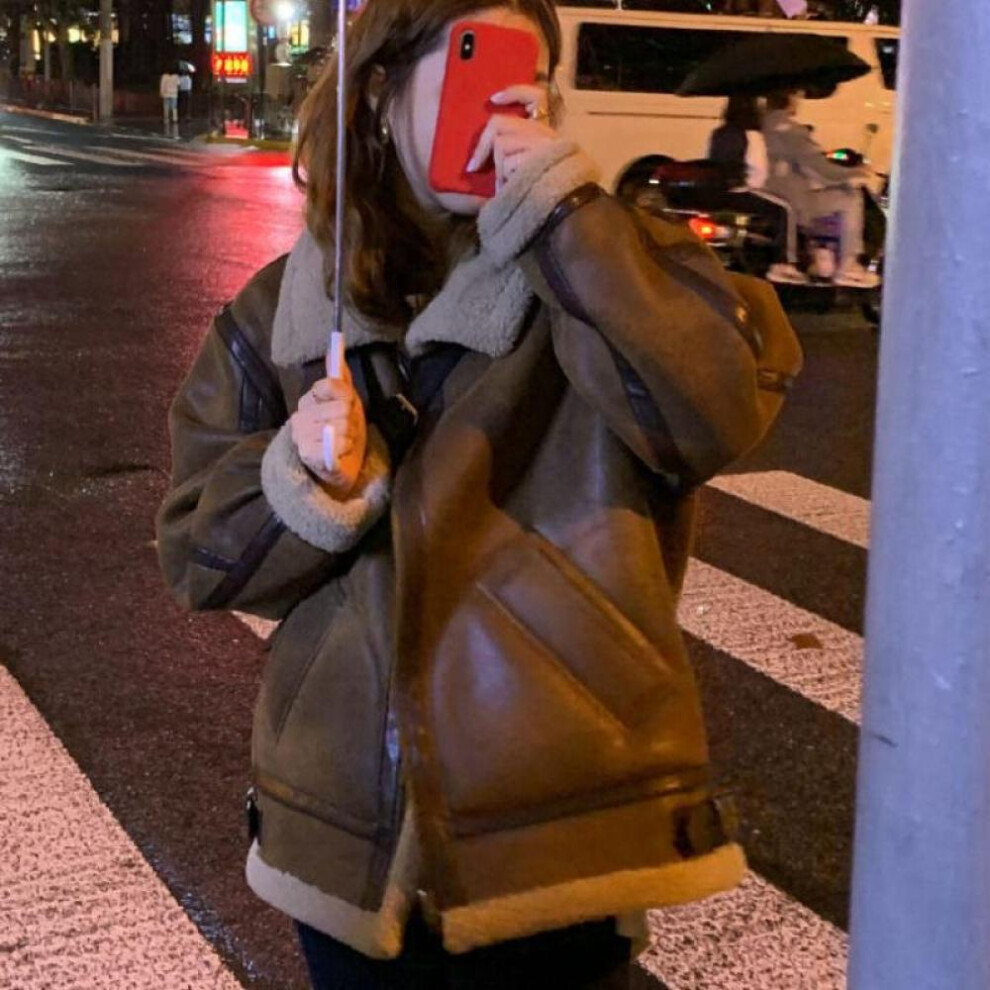 (khaki, L) Women Faux Leather Fur Coats Sheep Leather Shearling Thicken Jacket Lady Fashion Long Sleeve Zipped Outerwear Winter Warm Coat