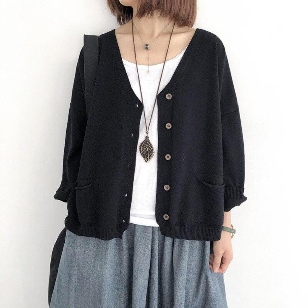 (black, One Size) Johnature Spring Women Cardigan Sweaters Solid Color Loose V-neck Long Sleeve All Match Pockets Coats