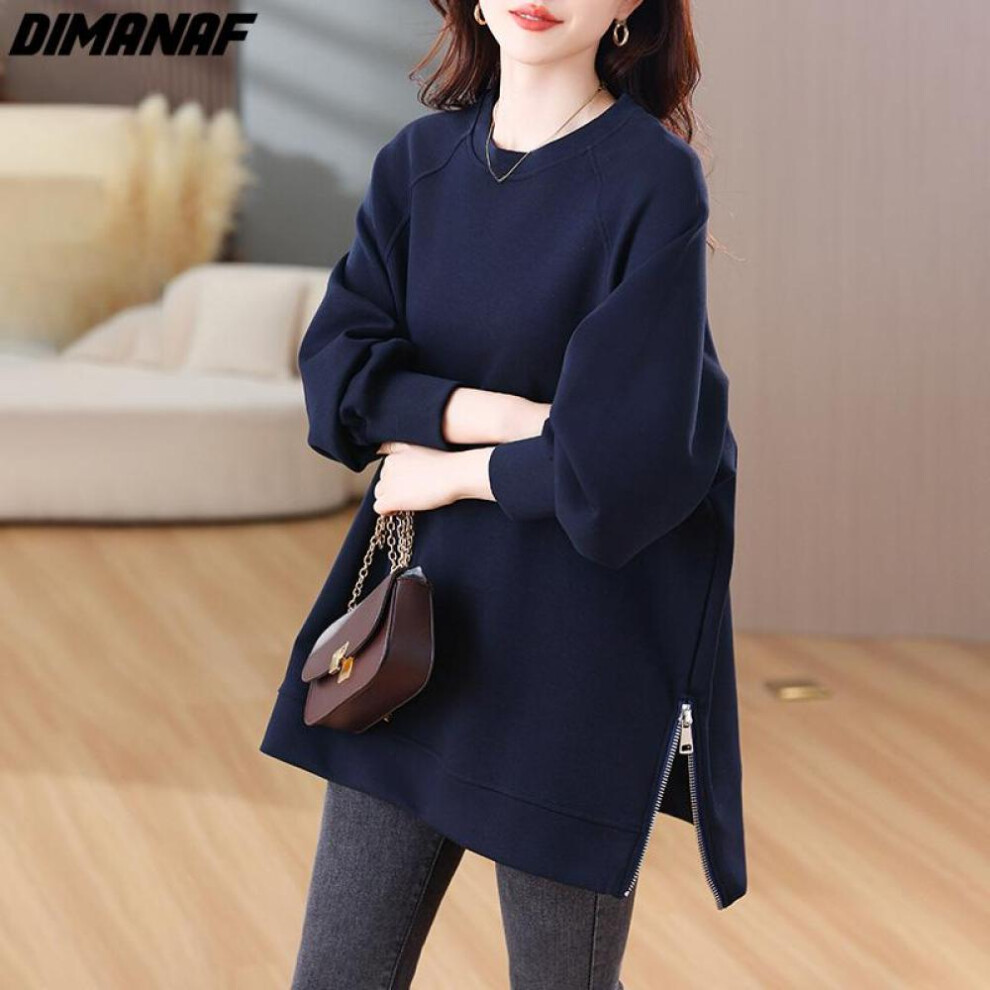 (navy blue, XL) Dimanaf Autumn Women Plus Size T-shirt Casual Lady Tops Shirts Tunic Clothing Oversize Loose Solid Long Sleeve Sweatshirts