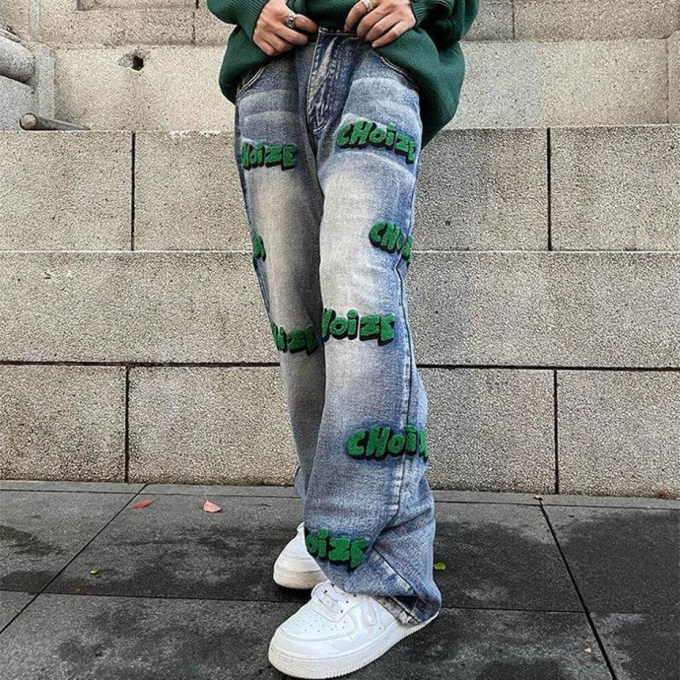 (blue, S) Streetwear High Street Men&apos;s Embroidery Fashion Denim Vintage Y2k Clothes Jeans Straight Baggy Trousers Men Harajuku Pants Teenagers