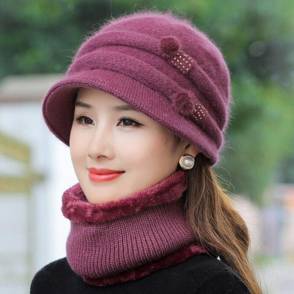 (dark purple, 55cm-58cm) New Women Winter Hat Keep Warm Mom Cap Add Fur Lined Warm Set Hat For Female Casual Rabbit Fur Bucket Knitted Hat