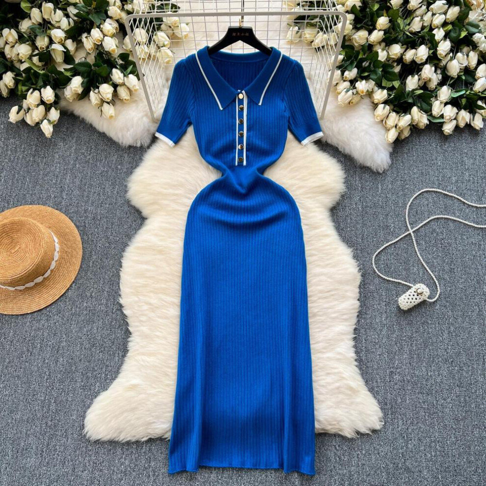 (blue, One Size) New Summer Women&apos;s Polo Knitted Dresses Colorblock Elegant Short Sleeve Buttons Bodycon Wrap Dress Female Dress