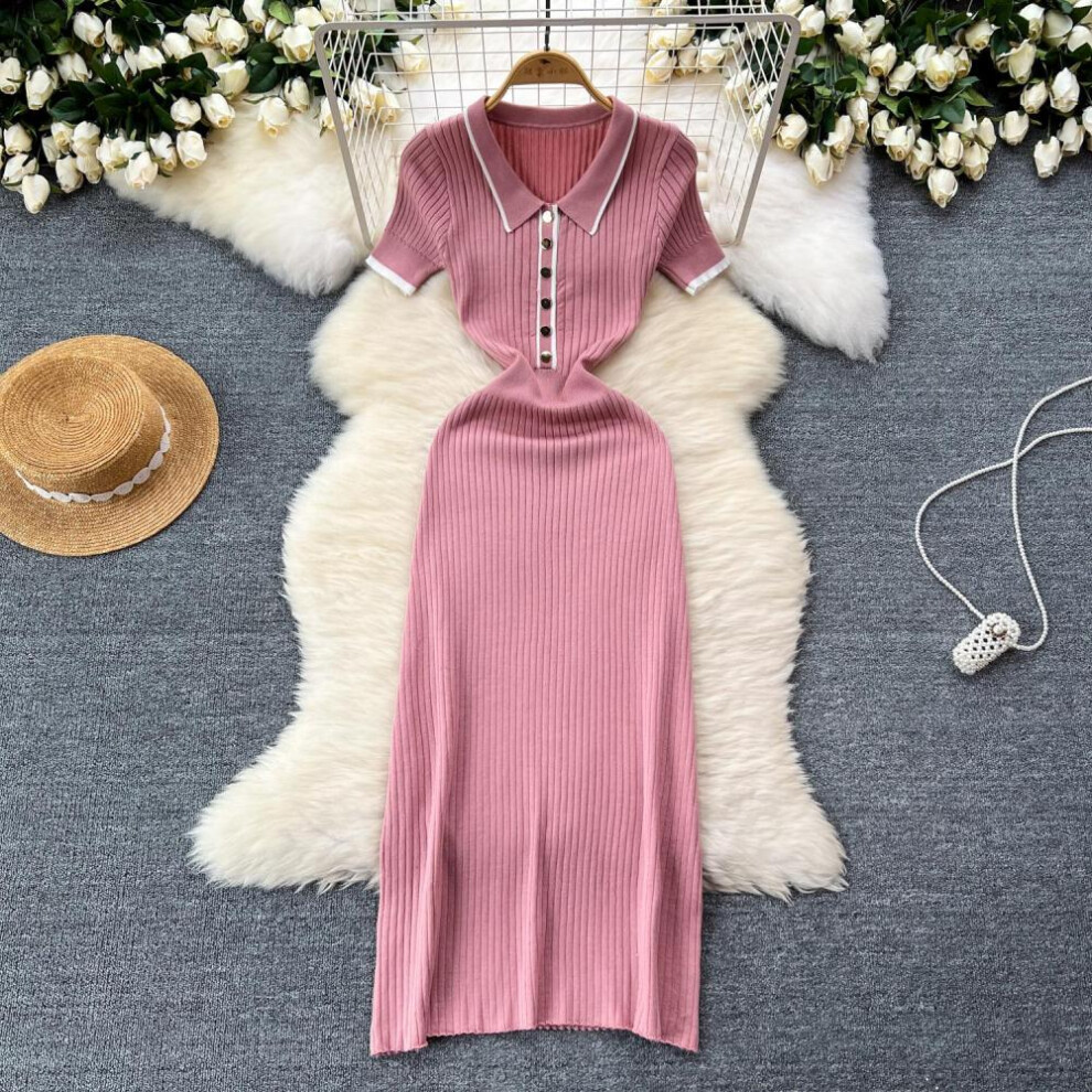 (pink, One Size) New Summer Women&apos;s Polo Knitted Dresses Colorblock Elegant Short Sleeve Buttons Bodycon Wrap Dress Female Dress