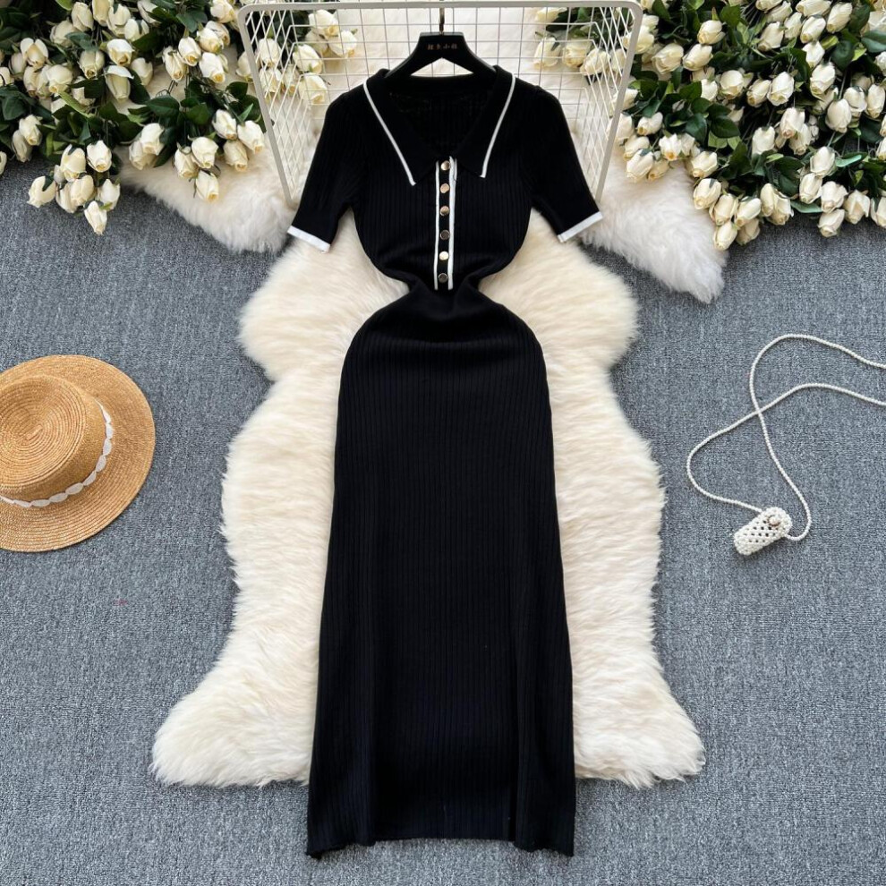 (black, One Size) New Summer Women&apos;s Polo Knitted Dresses Colorblock Elegant Short Sleeve Buttons Bodycon Wrap Dress Female Dress