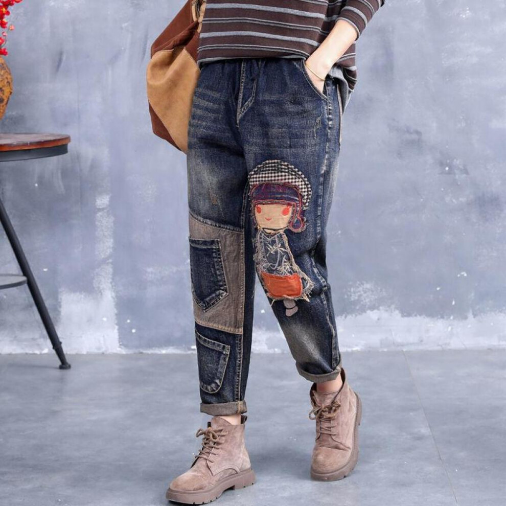 (as the picture, XXL) Vintage Style High Waist Denim Pants Women Fashion Embroidery Loose Jeans Female 2022 Autumn Winter Plus Size Woman Harem Pants