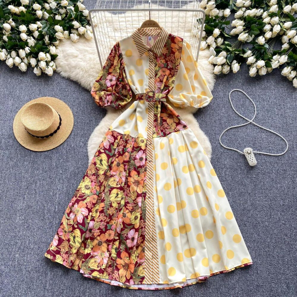 (yellow, One Size) Summer Elegant Midi Patchwork Dress For Women Lapel 3/4 Sleeve Wave Point Breasted Female Design Vestidos New In 2024 Chic
