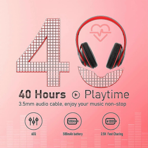 (Red) Over-ear Bluetooth Headphones, 6s Foldable Wireless Headphones, 6 Eq Modes 2