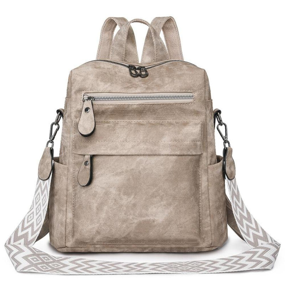 (khaki) Soft Leather Women&apos;s Large Capacity Backpack Girl Travel Backpack Student Schoolbag