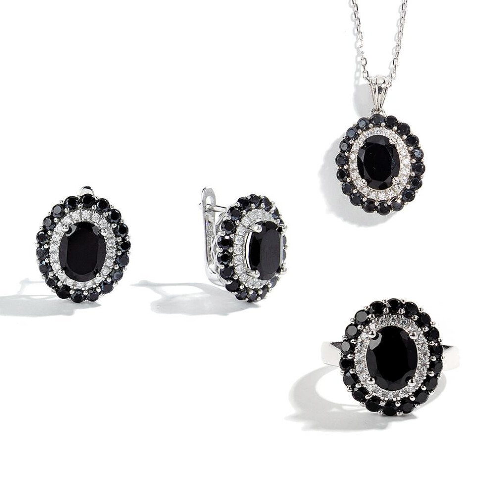 (black, US RING SIZE:9#) Elegantly Designed Natural Black Spinel Ring Earrings Necklace Set S925 Silver Luxury Women Anniversary & Birthday Gift
