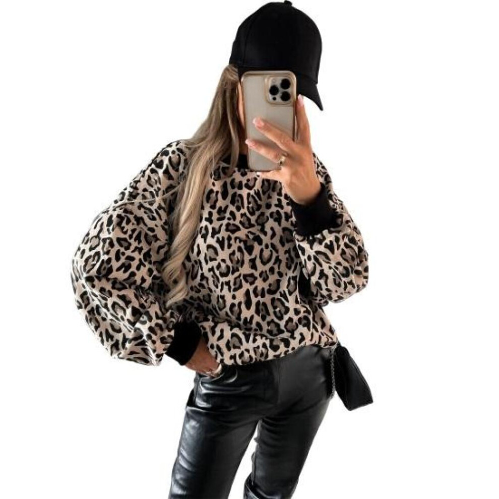 (brown, S) Women Sweatshirt Contrast Color Round Neck Zebra Stripe Print Leopard Pattern Pullover Warm Loose Long Sleeves Spring Sweatshirt Female Clothes