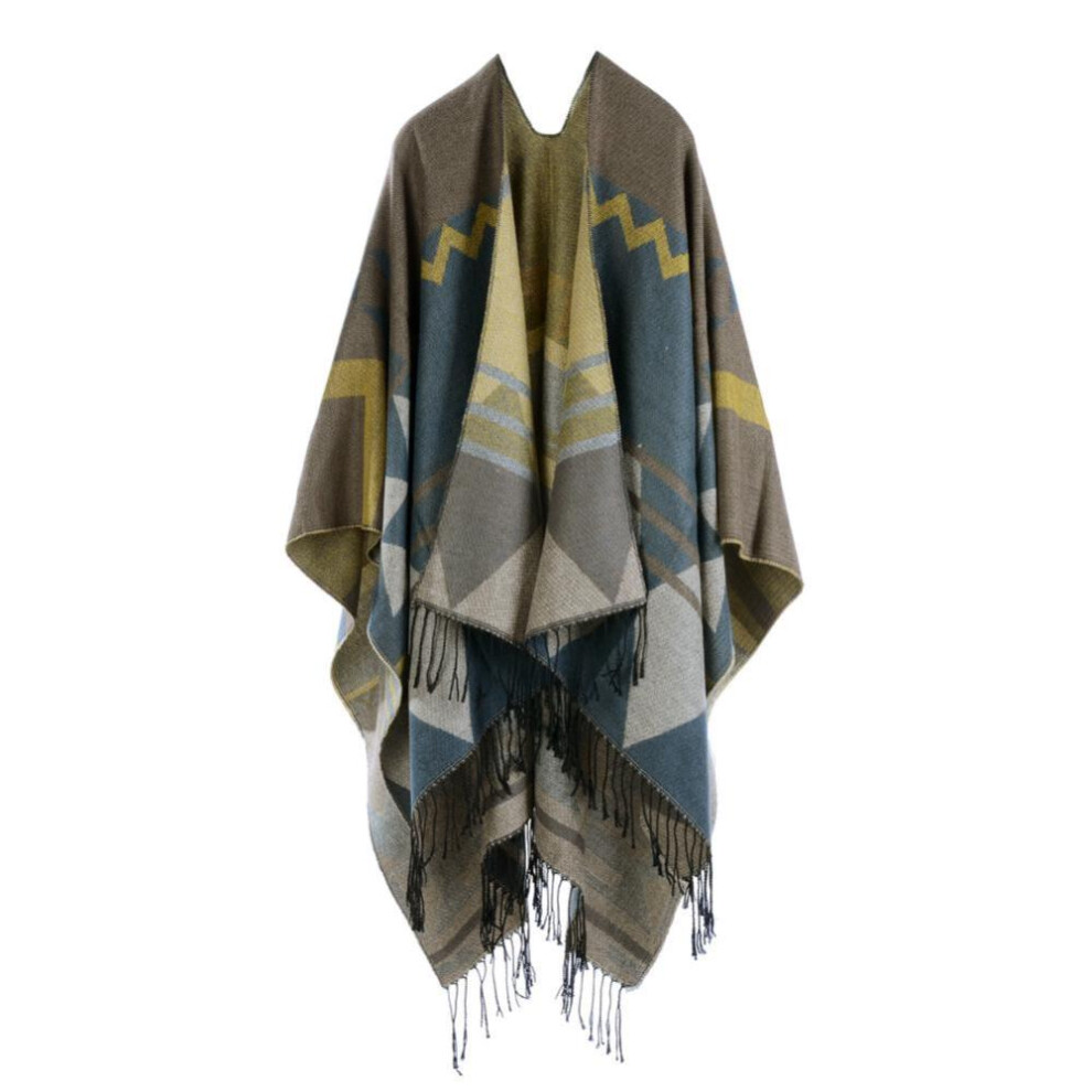 (yellow) Women Knitted Shawl Poncho Faux Cashmere Geometric Pattern Tassel Oversized Long Bohemia Cape