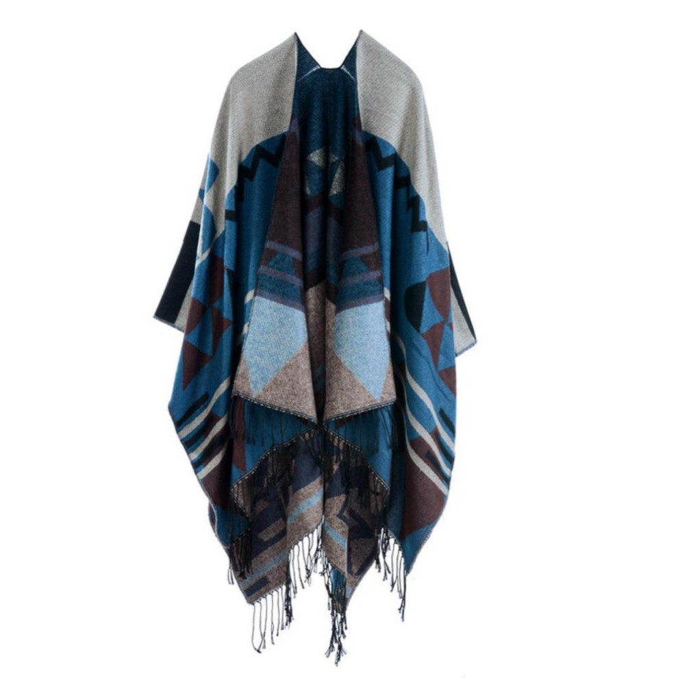 (blue) Women Knitted Shawl Poncho Faux Cashmere Geometric Pattern Tassel Oversized Long Bohemia Cape