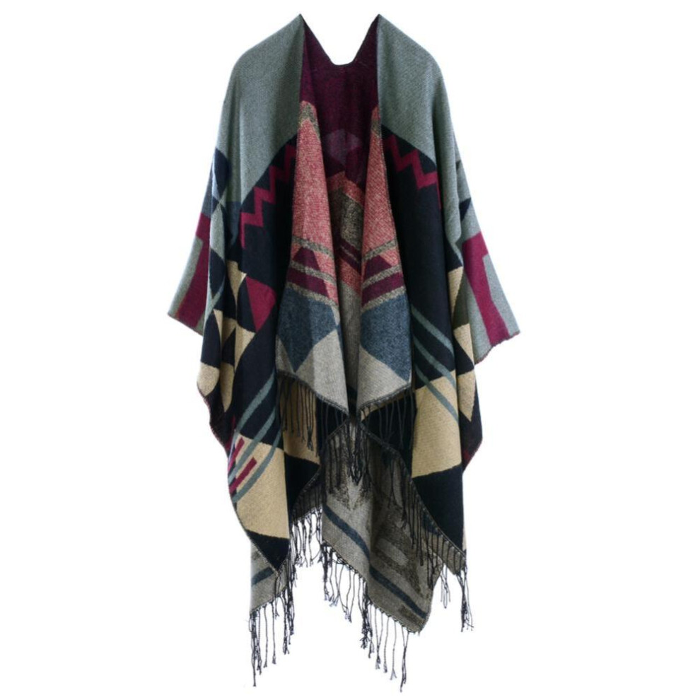 (wine red) Women Knitted Shawl Poncho Faux Cashmere Geometric Pattern Tassel Oversized Long Bohemia Cape