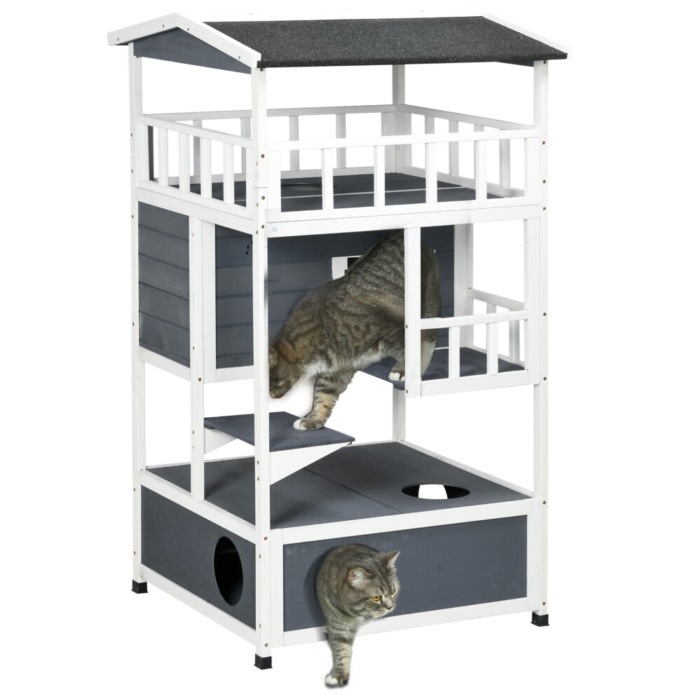 PawHut Wooden Outdoor Cat House 3-Tier Kitten Shelter w/ Tilted Roof Grey