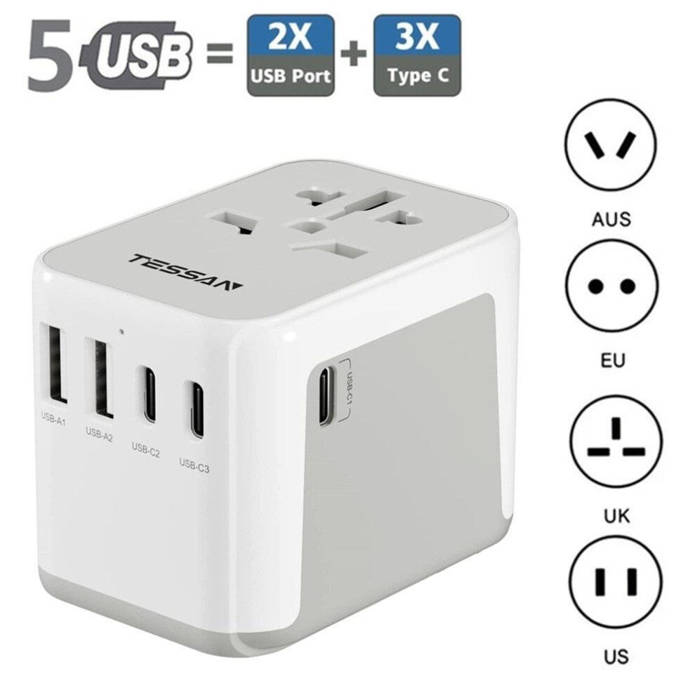 (gray, 2 USB-A & 3 USB-C Ports) TESSAN Black 633F International Travel Adapter Multi Plug Outlet Extender Universal Power Charger with 4 USB Charging Ports for Smartphone, Tablet