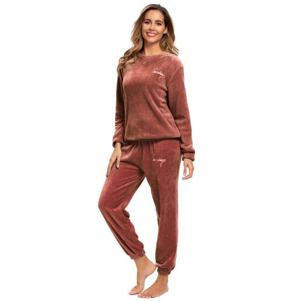 (red, one size) 2021 New Fashionable Ladies Pajamas Winter Warm Pajamas Plus Fleece Top Trousers Round Neck Soft Pajamas Suit